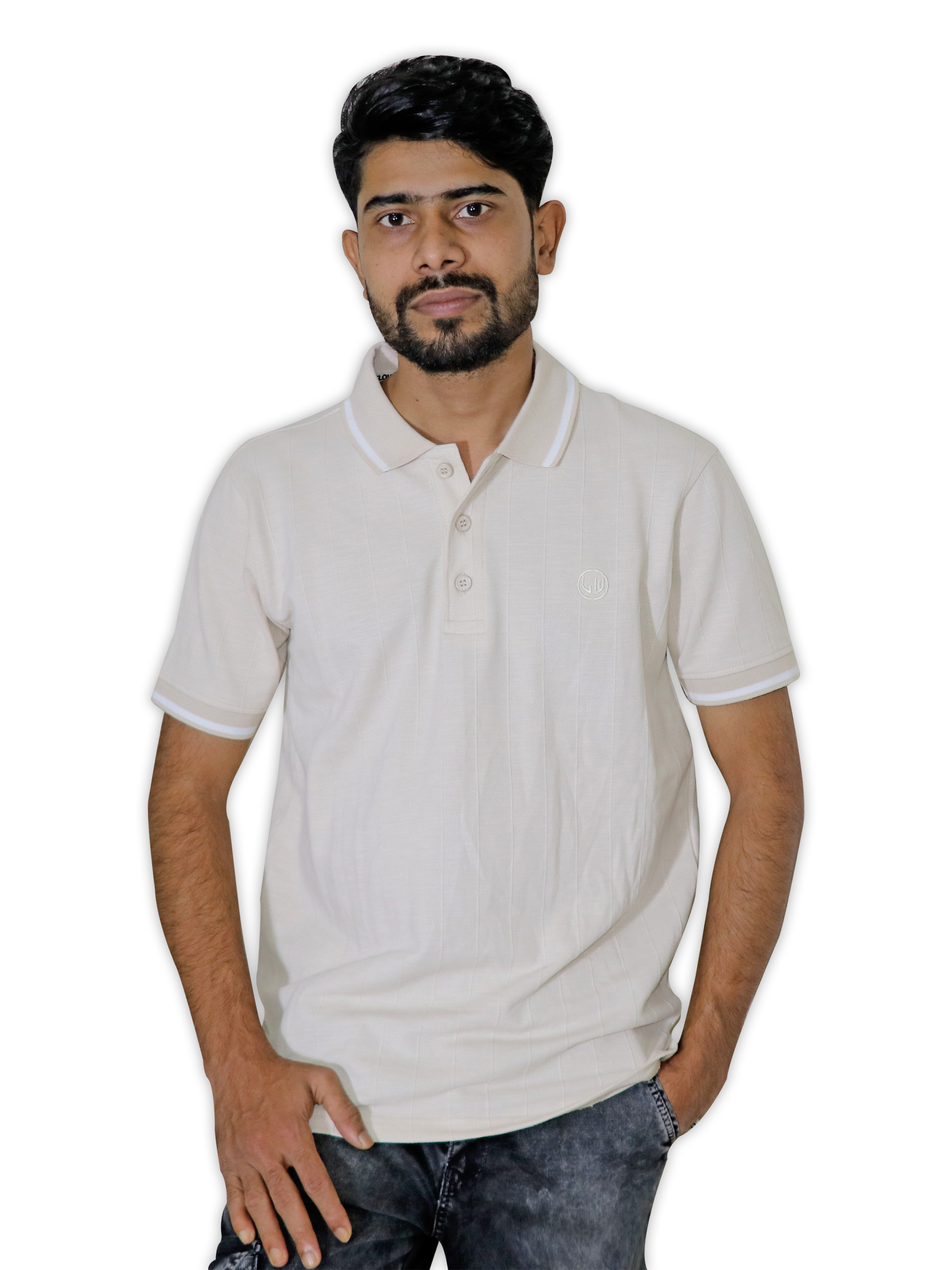 Home beige white stripe polo shirt